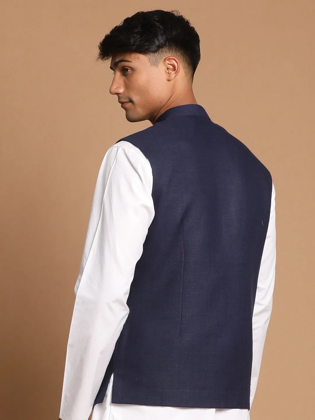 Navy Blue Cotton Blend Nehru Jacket