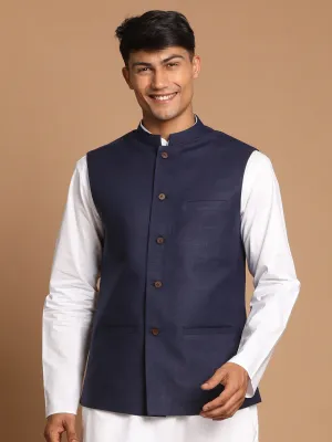 Navy Blue Cotton Blend Nehru Jacket