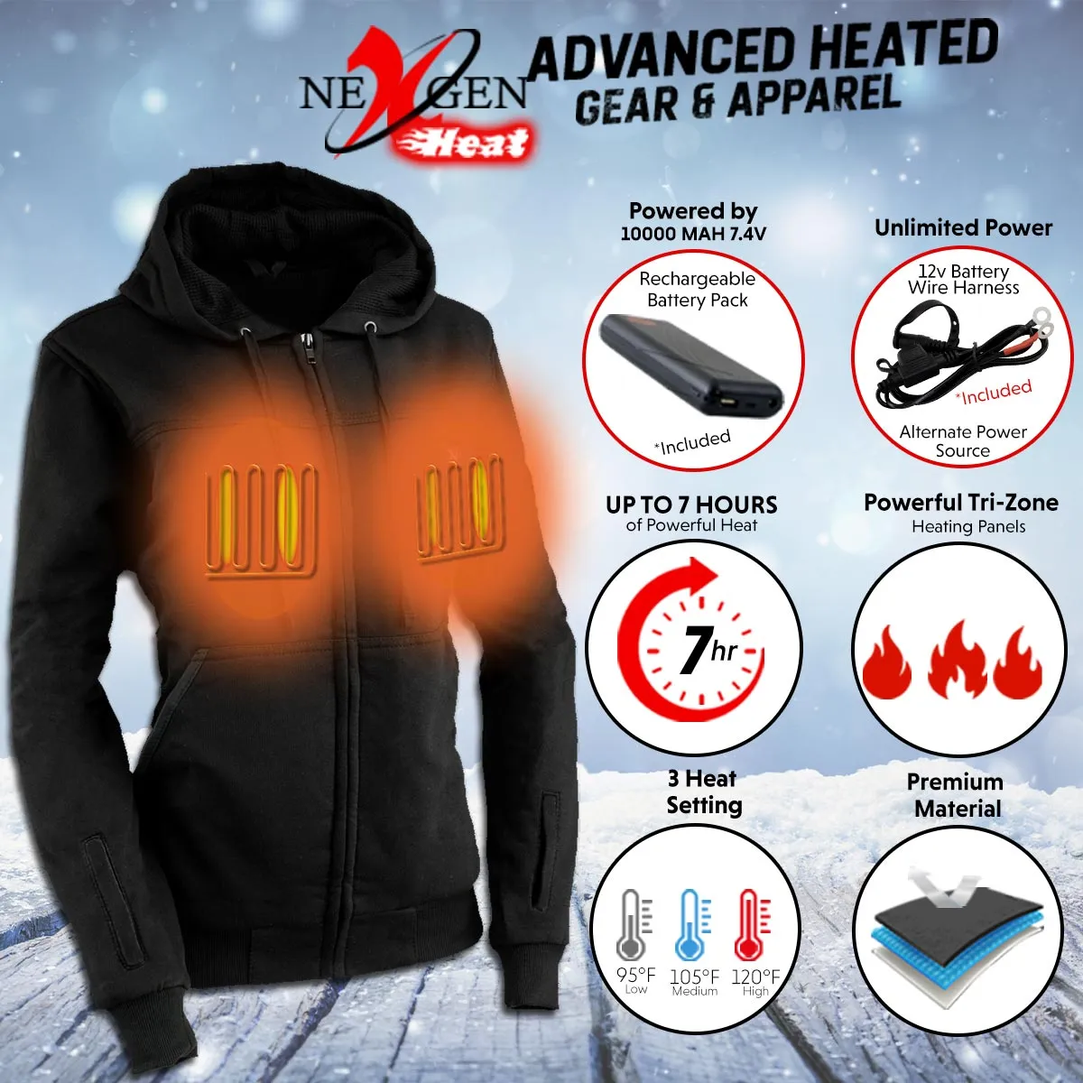 Nexgen Heat NXL2717DUAL Tech Women's Black Heated Jacket Sweatshirt Hoodie for Winter Cold Weather w/ Battery