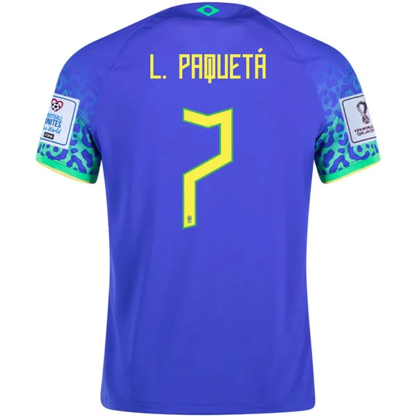 Nike Brazil Lucas Paqueta Away Jersey 22/23 w/ World Cup 2022 Patches (Paramount Blue/Green Spark)