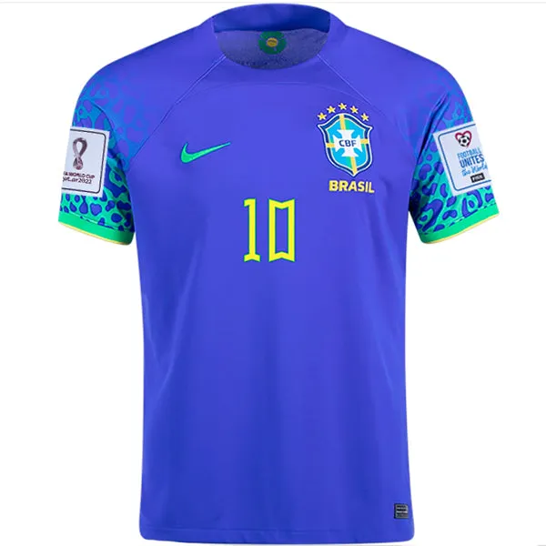 Nike Brazil Neymar Jr. Away Jersey 22/23 w/ World Cup 2022 Patches (Paramount Blue/Green Spark)