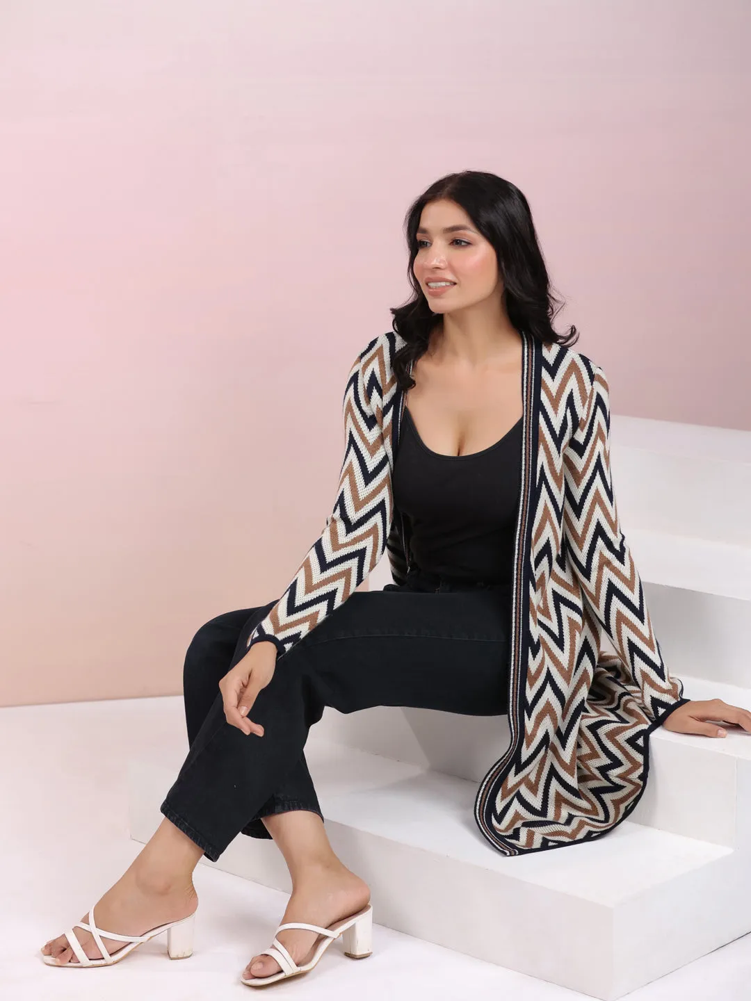 Off White Woolen Chevron Printed Winter Shrug - By Janasya