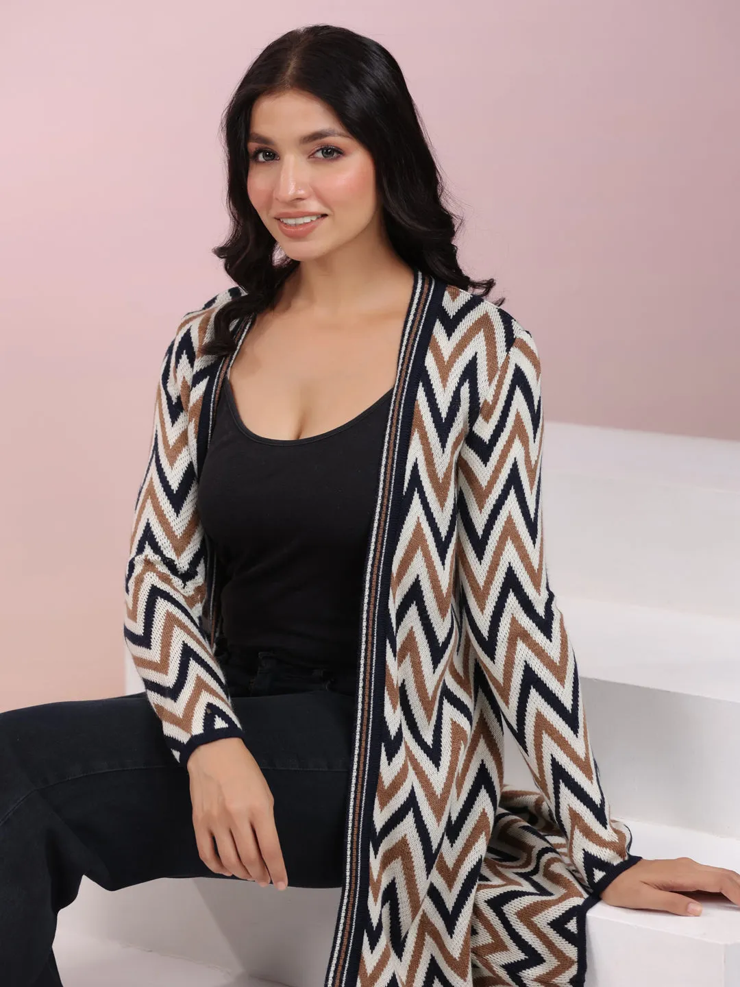 Off White Woolen Chevron Printed Winter Shrug - By Janasya