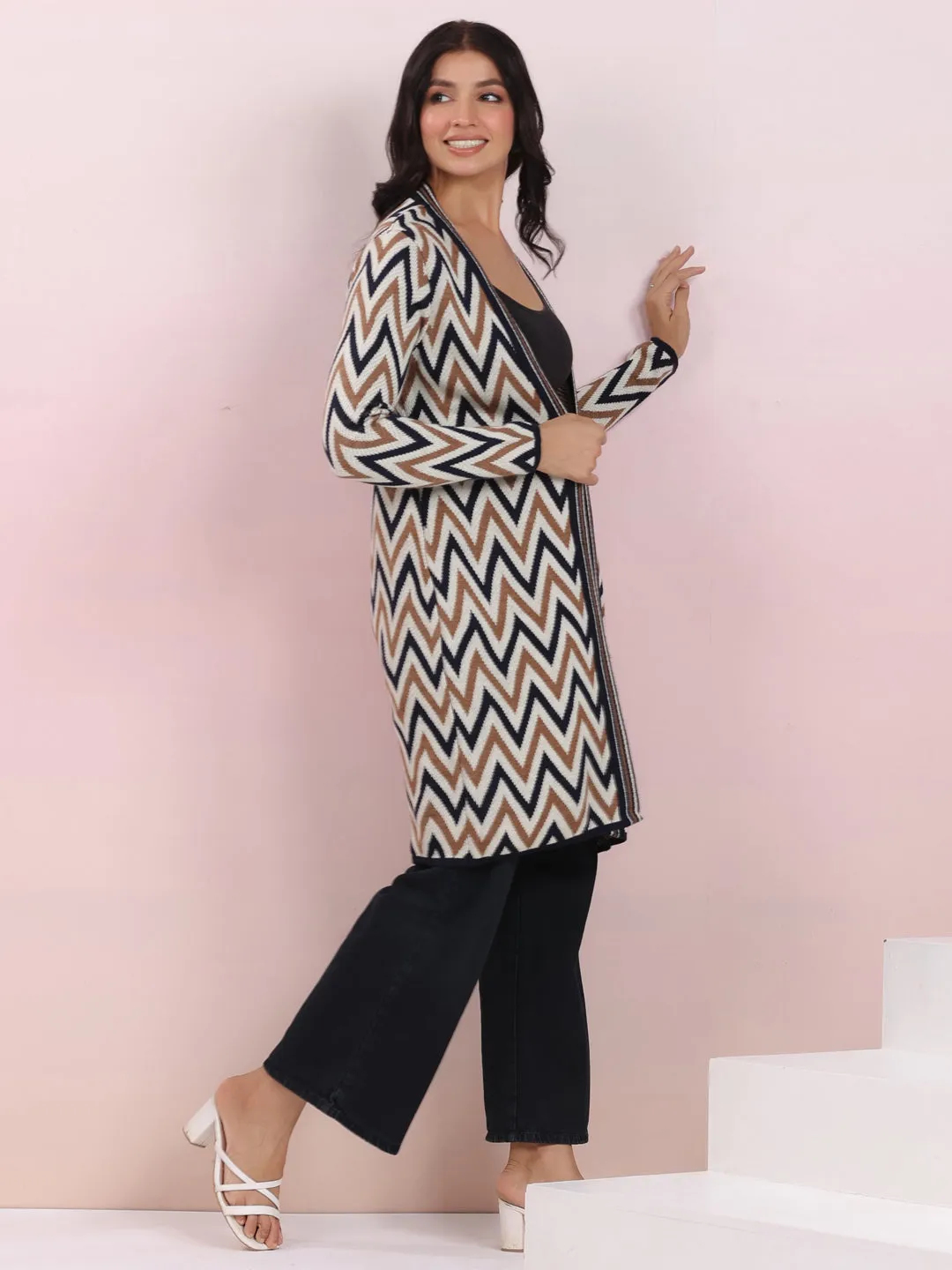 Off White Woolen Chevron Printed Winter Shrug - By Janasya