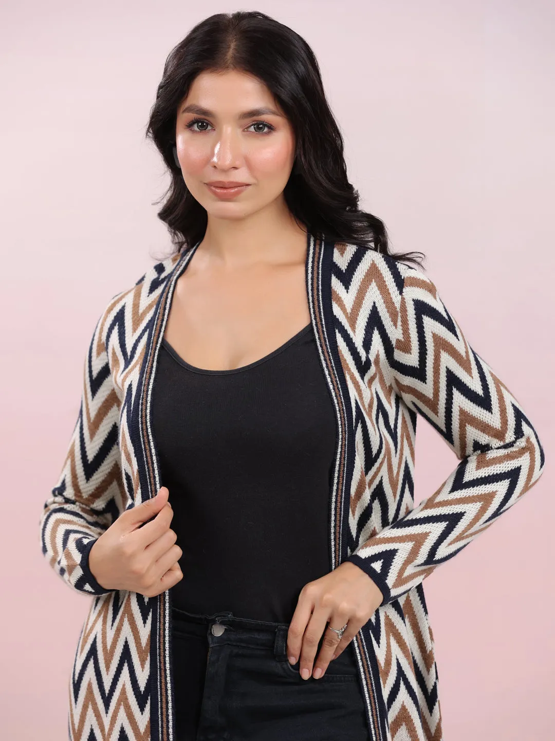 Off White Woolen Chevron Printed Winter Shrug - By Janasya