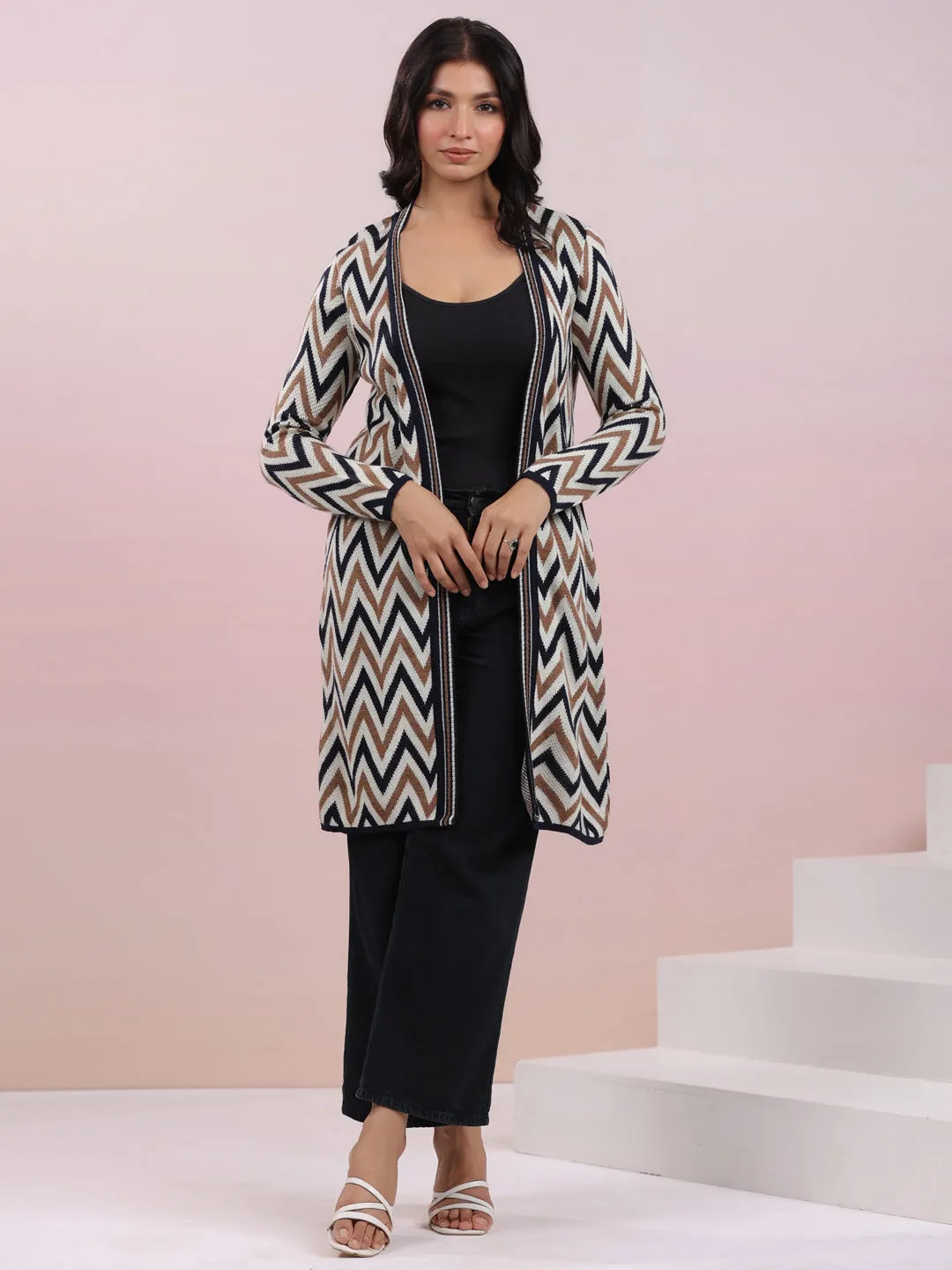 Off White Woolen Chevron Printed Winter Shrug - By Janasya