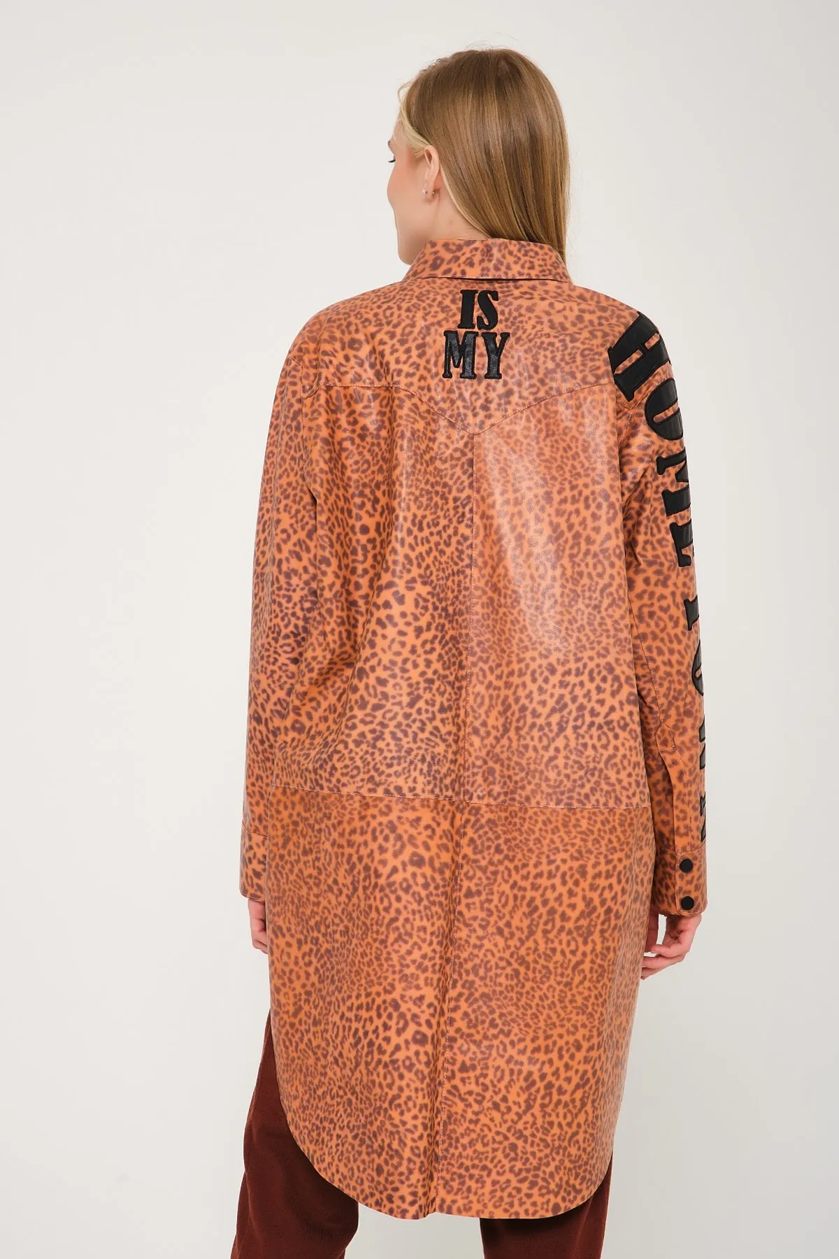 Orange Leopard Pattern Leather Coat