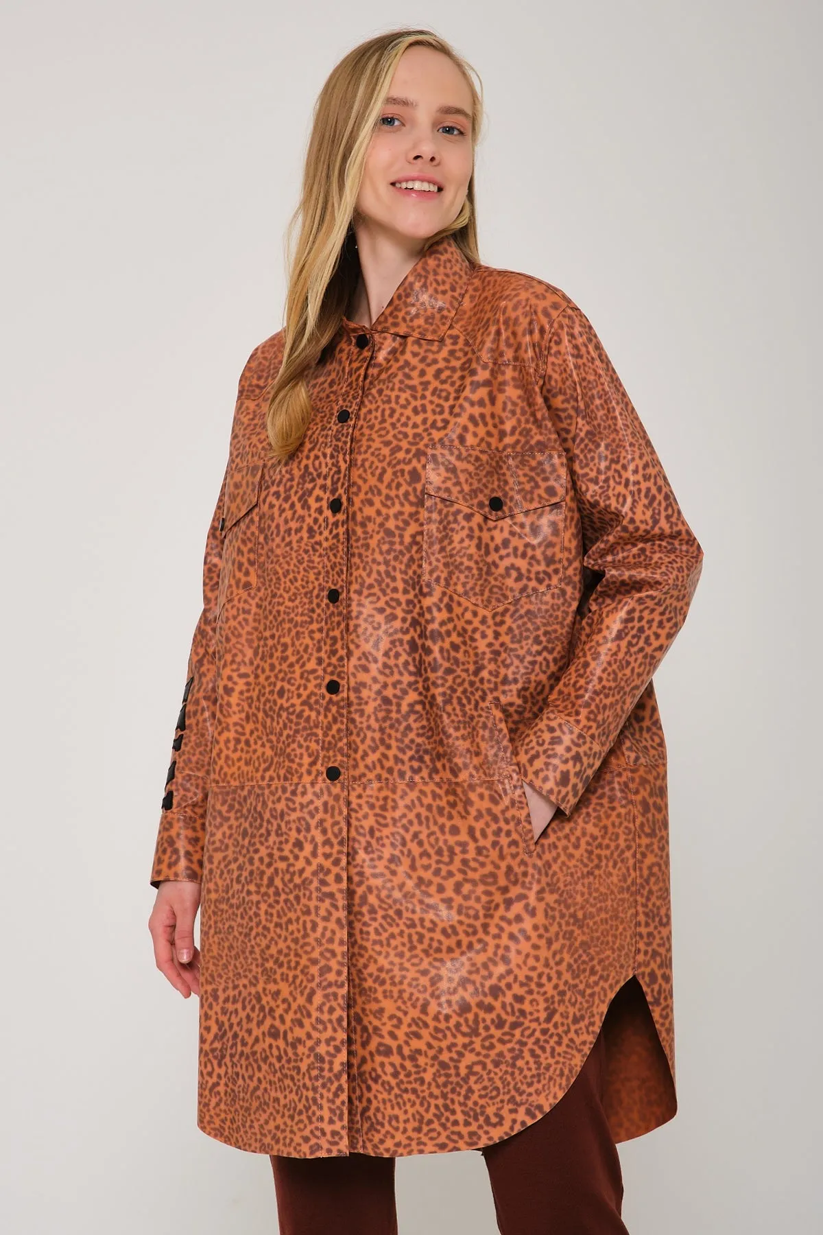 Orange Leopard Pattern Leather Coat