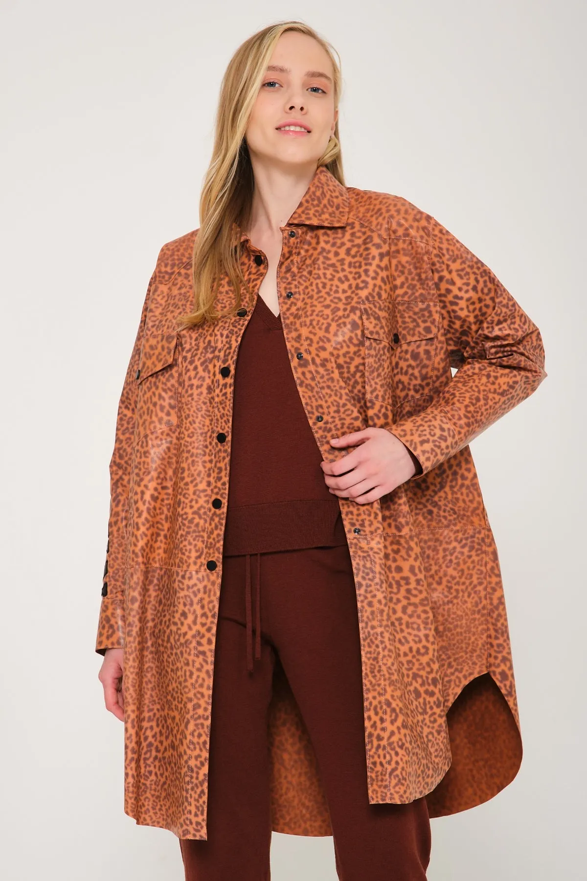 Orange Leopard Pattern Leather Coat