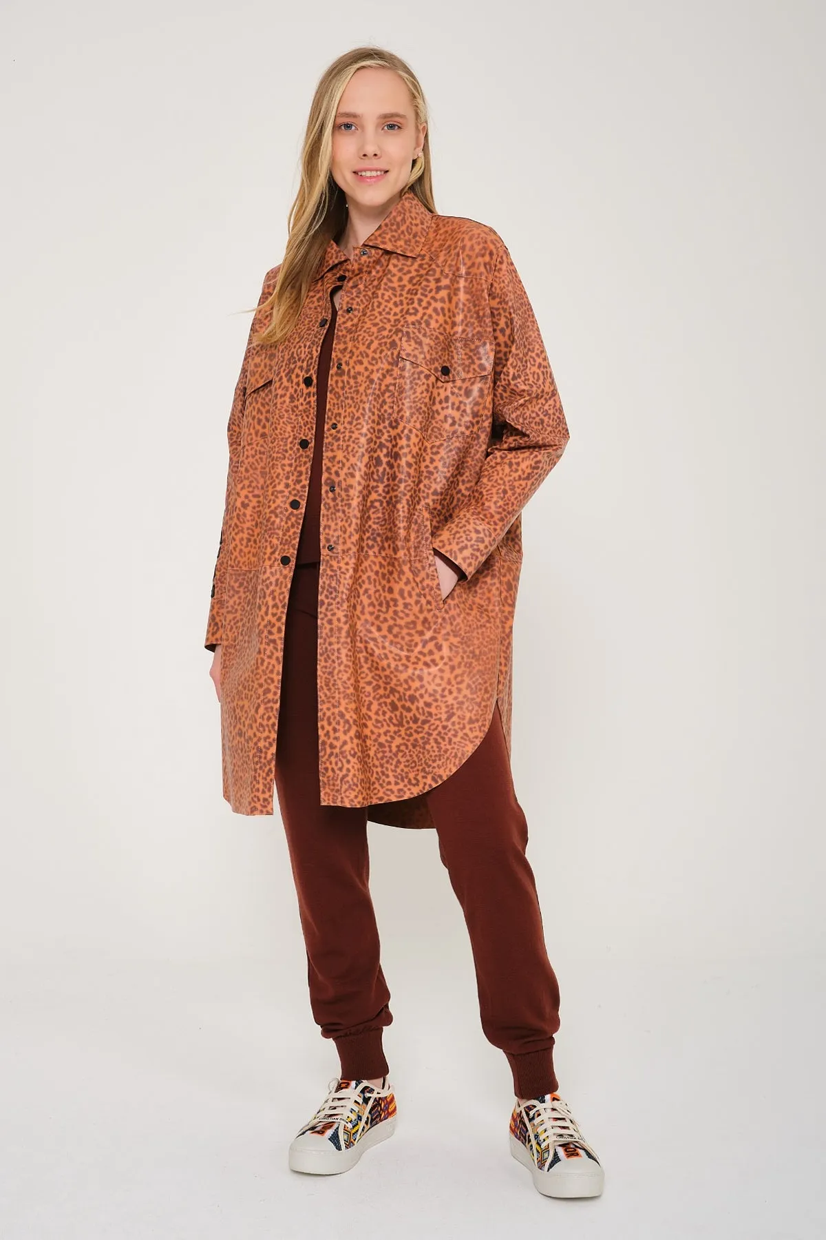 Orange Leopard Pattern Leather Coat