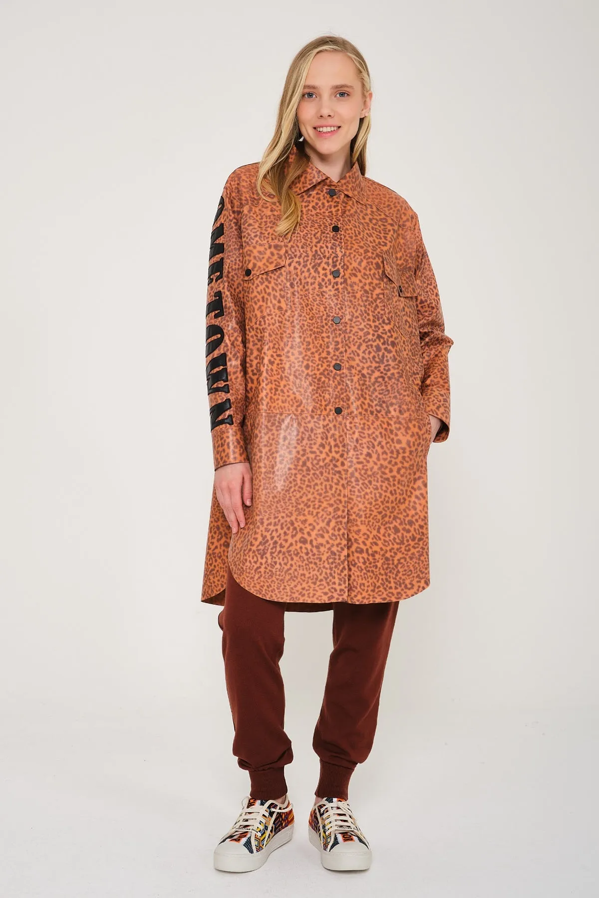 Orange Leopard Pattern Leather Coat