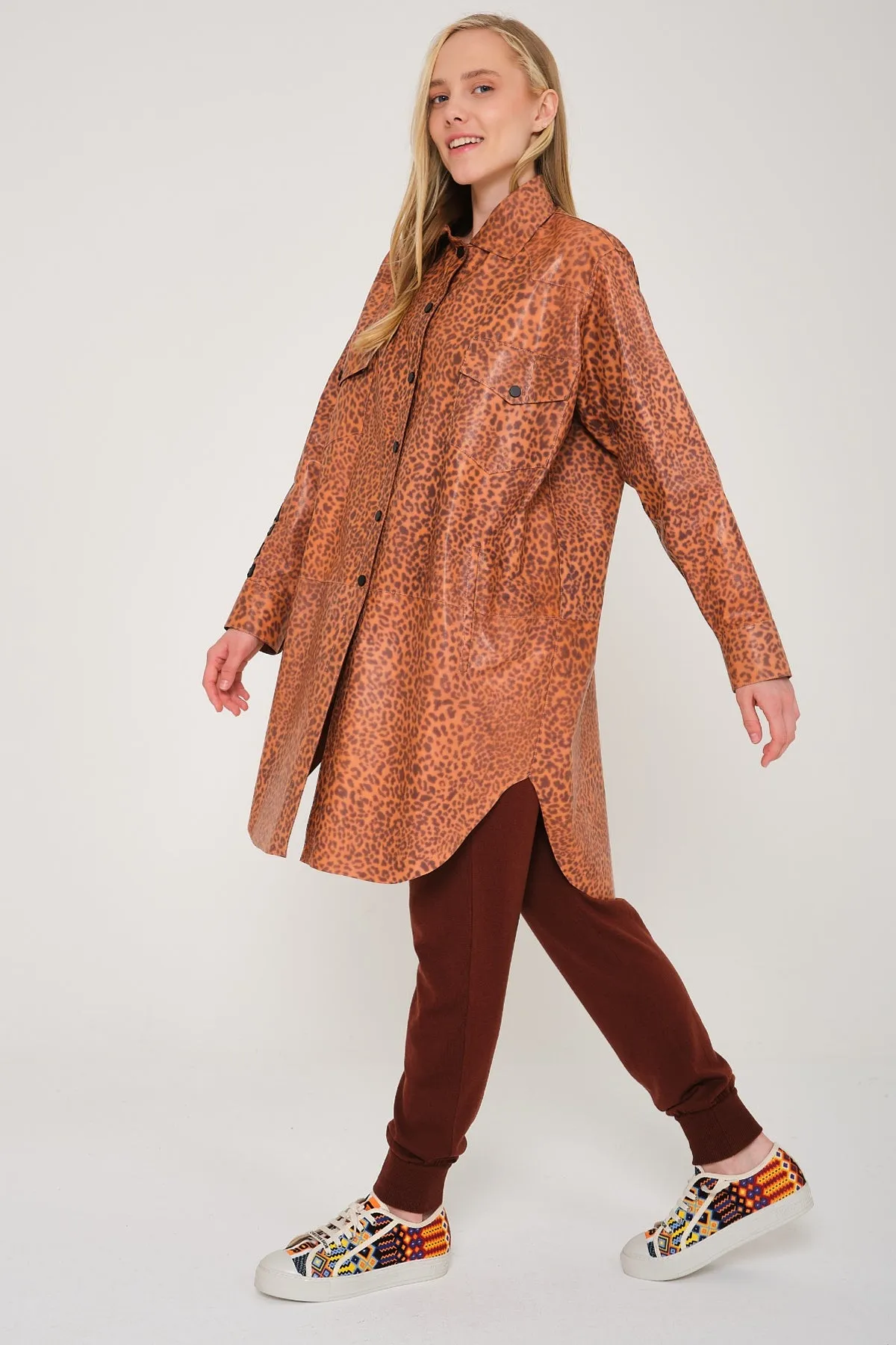 Orange Leopard Pattern Leather Coat