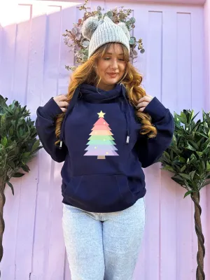 Pastel Rainbow 'Christmas Tree' Luxe Hoodie - Navy