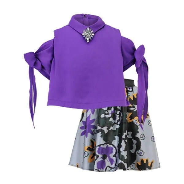 PURPLE CREPE AND DAMASK SKIRT SET