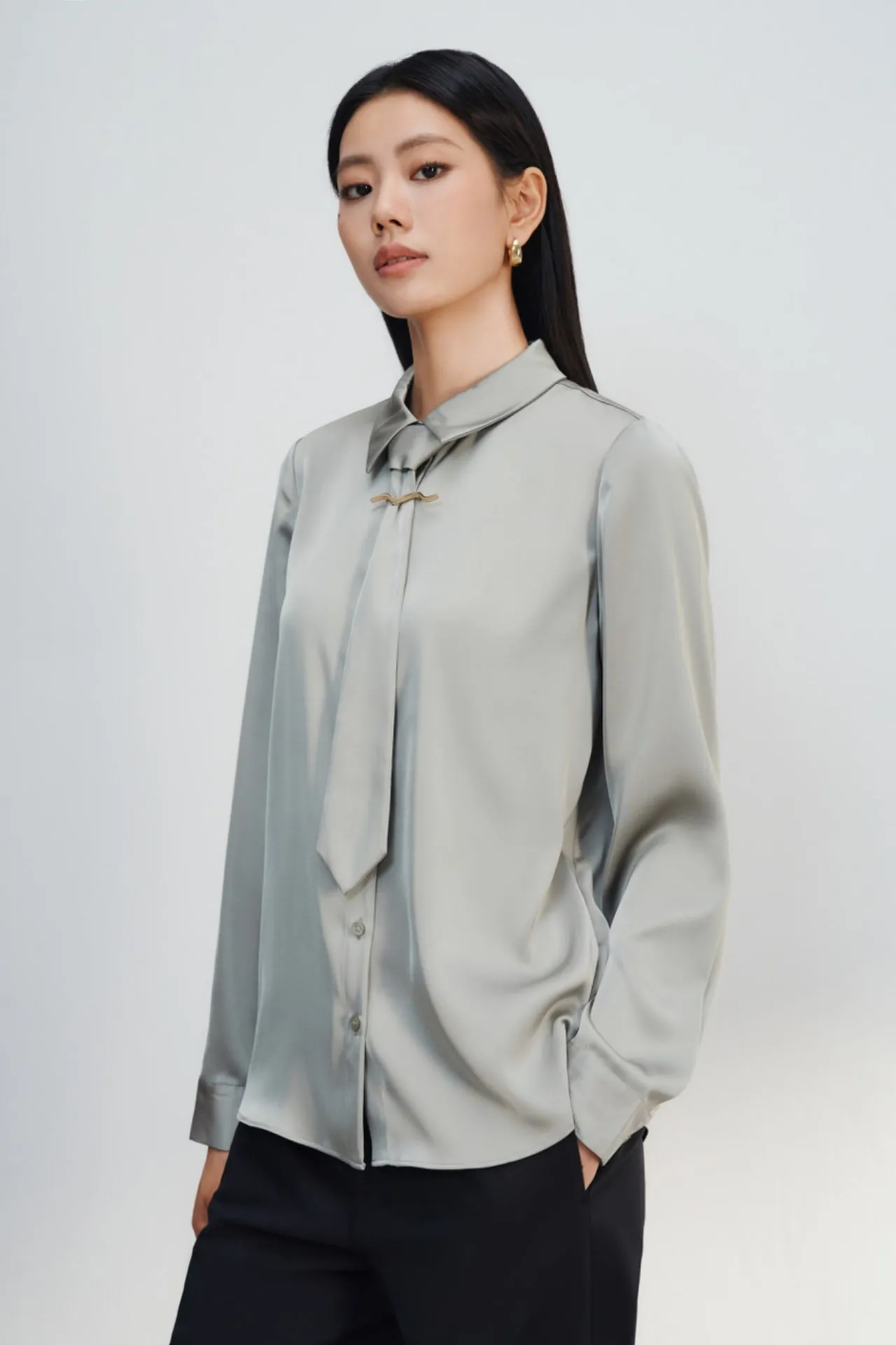 Satin Shirt Blouse With Detachable Necktie