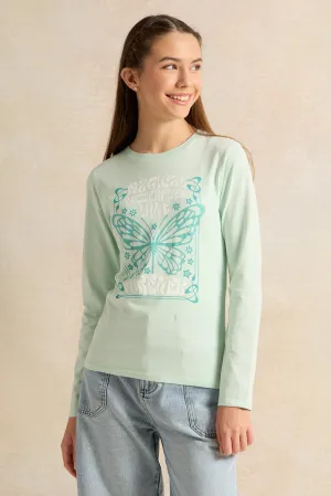 Senior Girls Mint Butterfly Printed T-Shirt