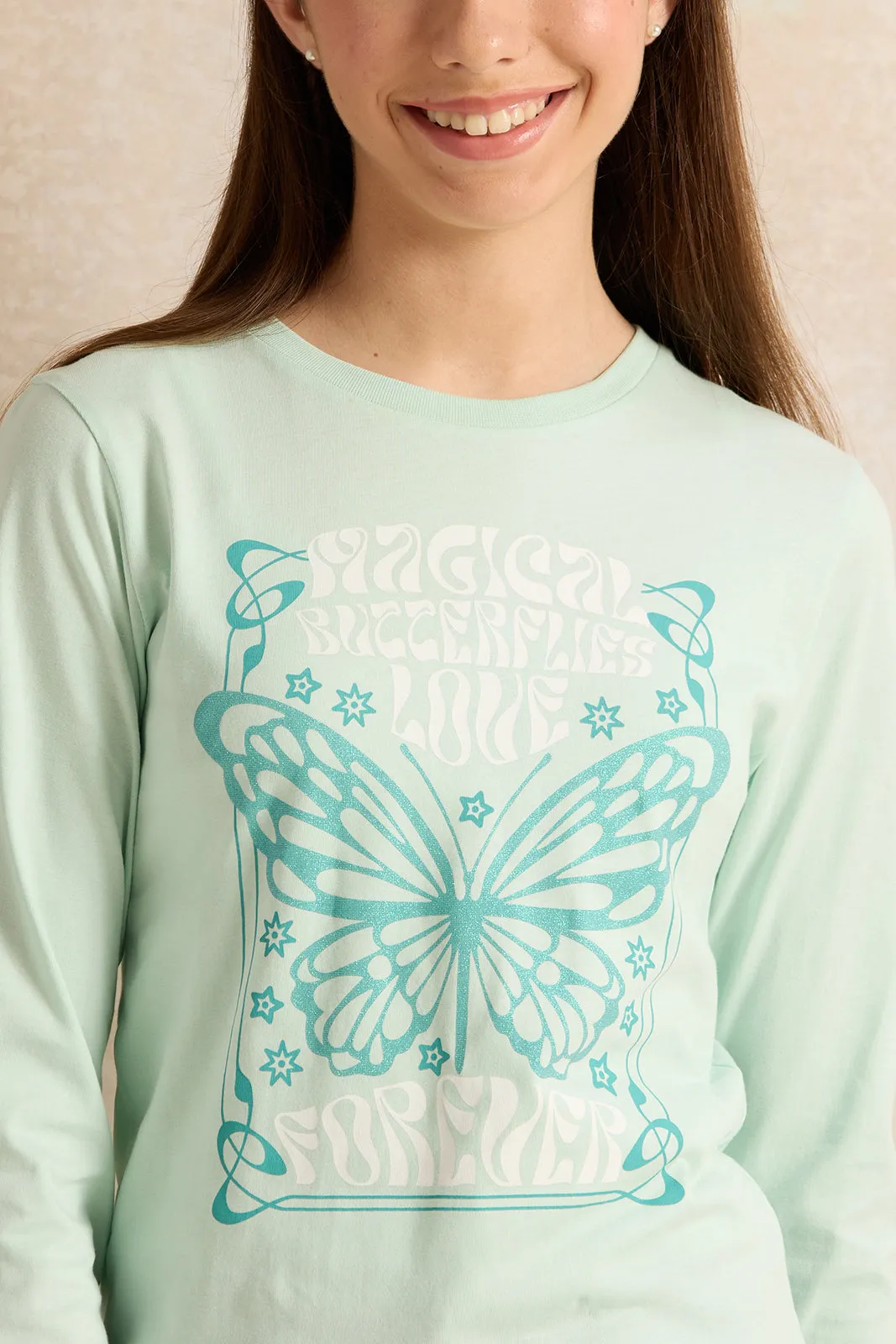 Senior Girls Mint Butterfly Printed T-Shirt