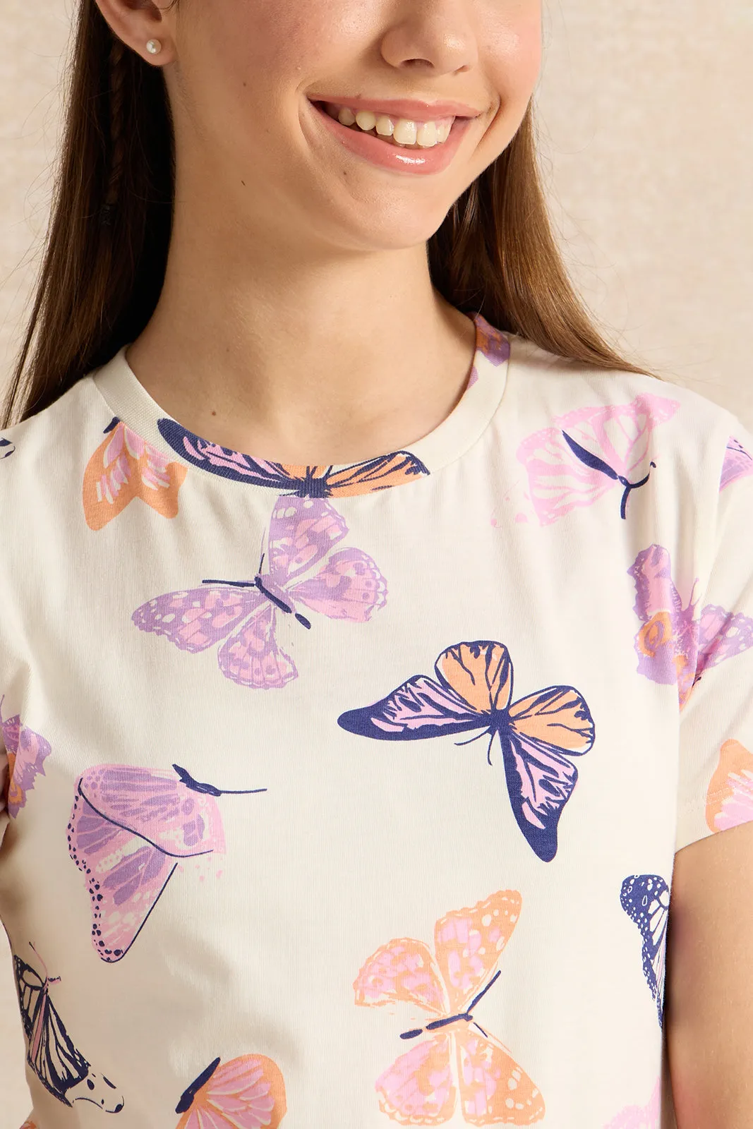 Senior Girls White Butterfly Printed T-Shirt