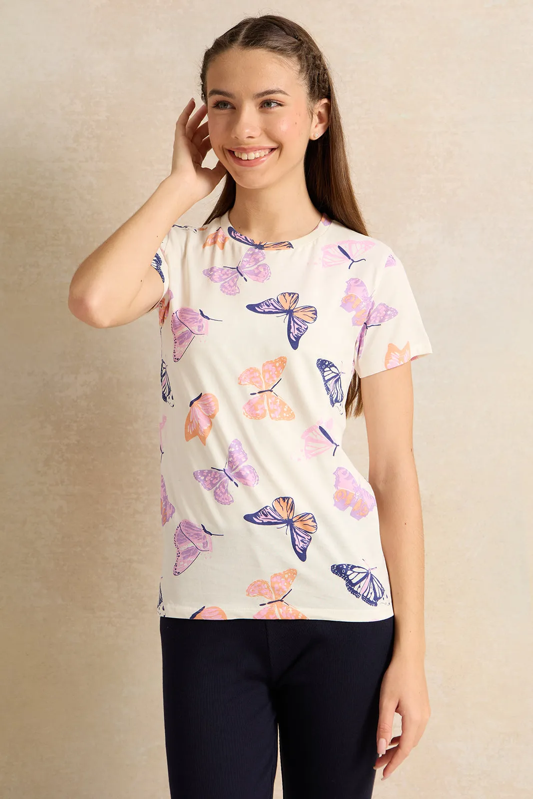 Senior Girls White Butterfly Printed T-Shirt