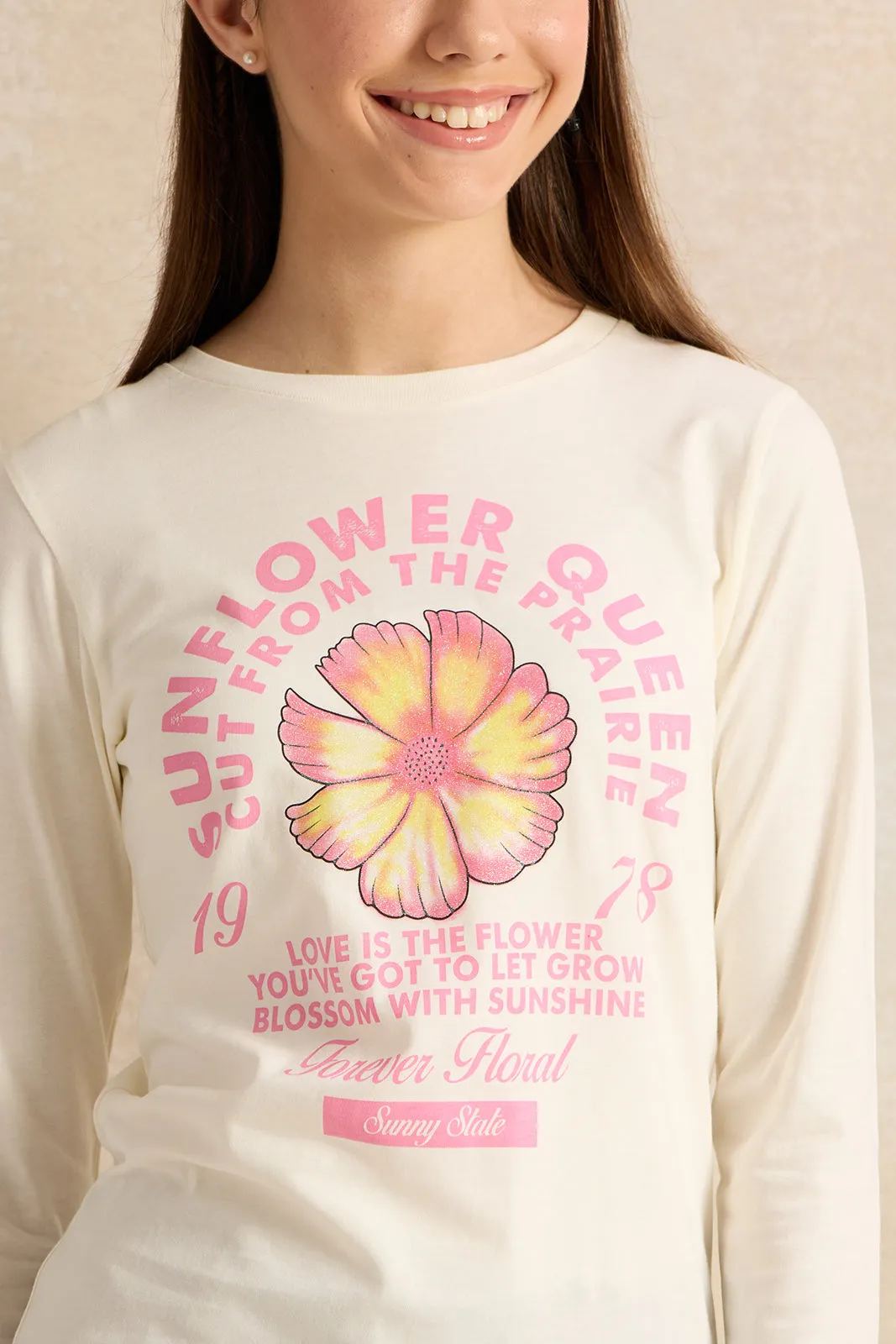 Senior Girls White Floral Print T-Shirt