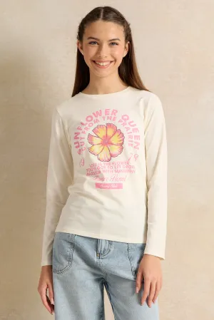 Senior Girls White Floral Print T-Shirt