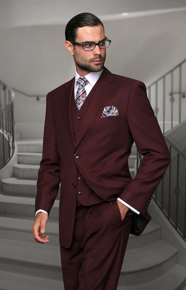 Statement 3 Piece Modern Fit Suit - Burgundy | 100% Wool | Super 150's