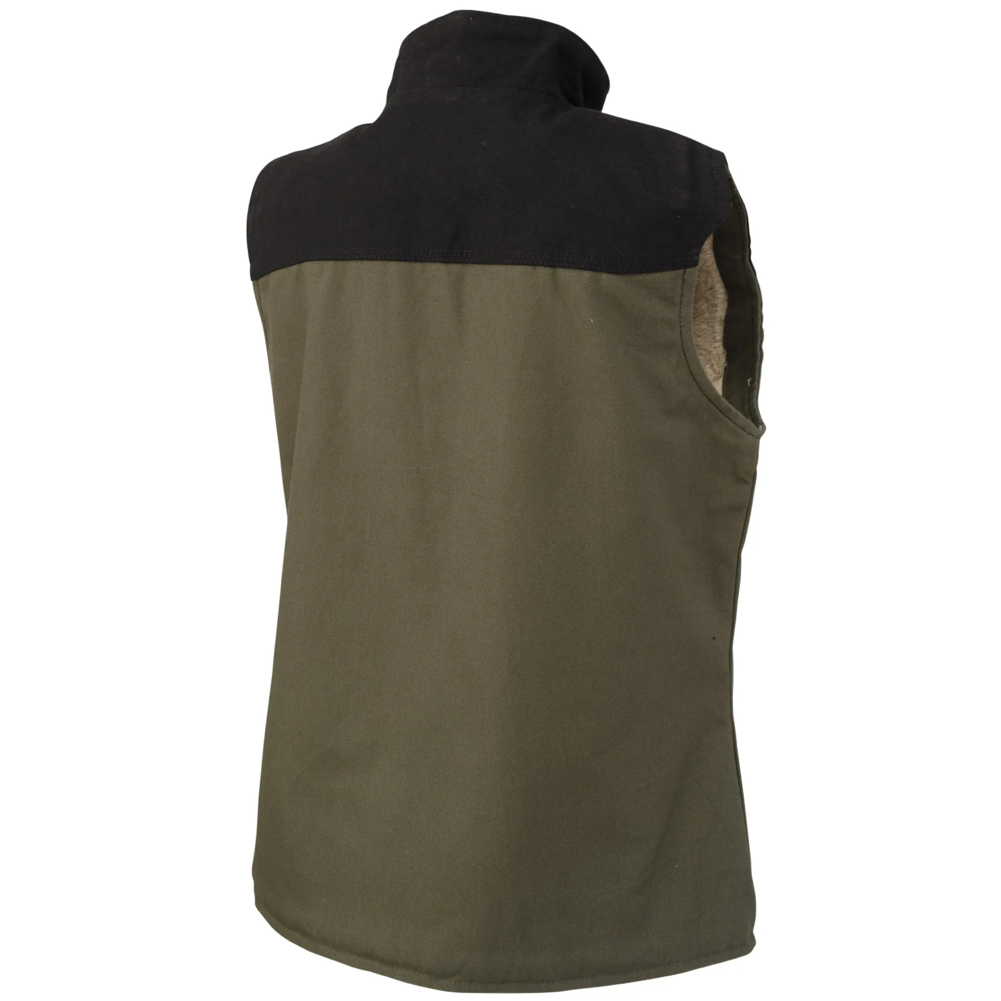 Tough Duck Woman's Work Vest WV09 Cotton 12 oz Premium Duck Sherpa Lined Water Repellent Contrast Trim Olive/Black Sizes XS-2XL