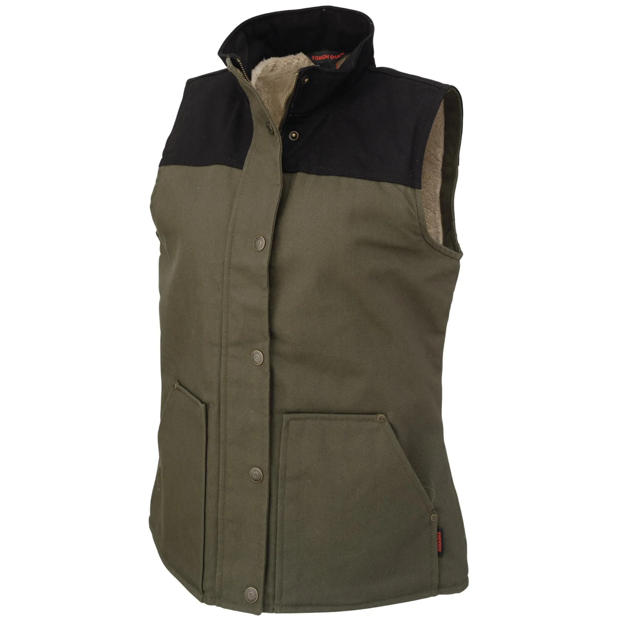 Tough Duck Woman's Work Vest WV09 Cotton 12 oz Premium Duck Sherpa Lined Water Repellent Contrast Trim Olive/Black Sizes XS-2XL