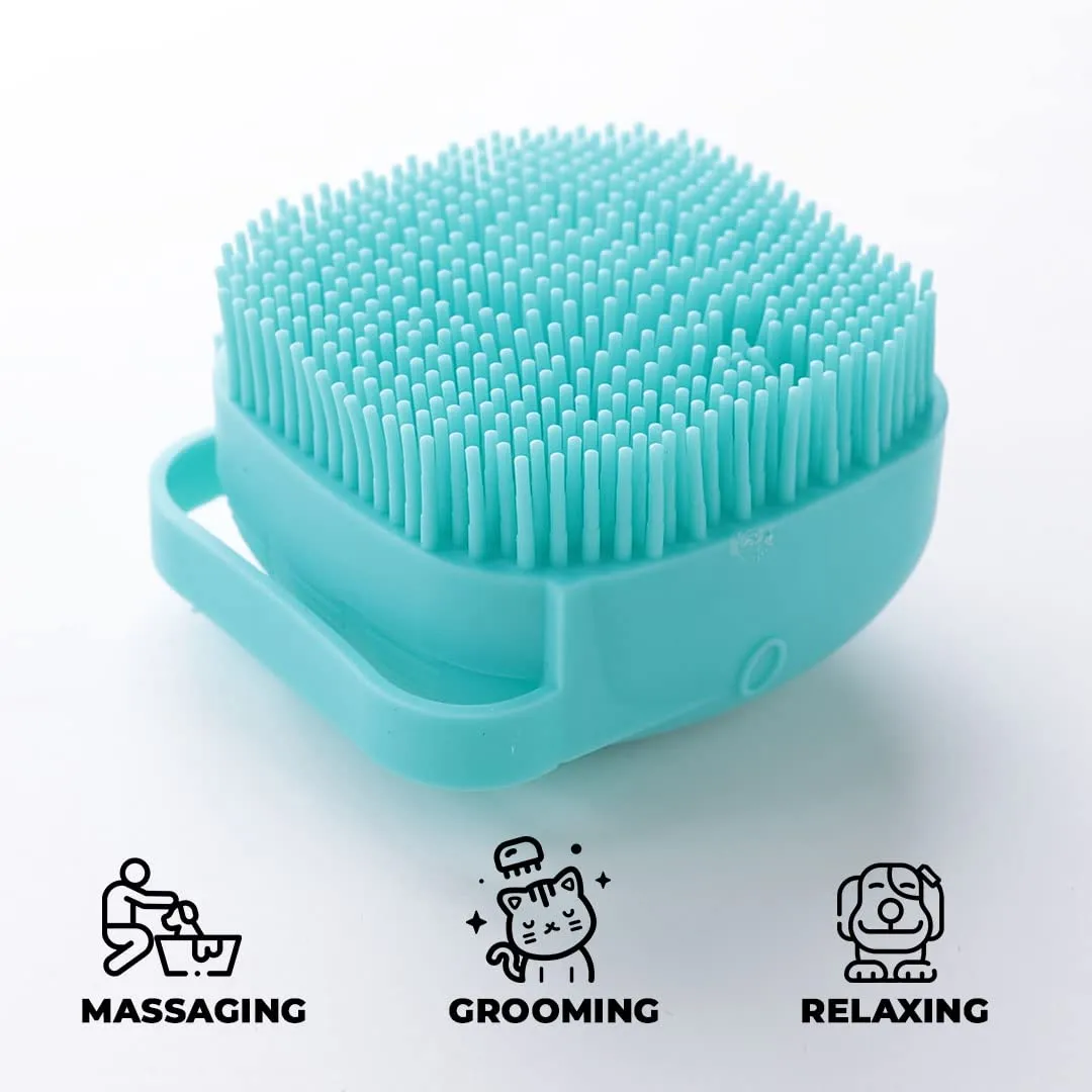 Urbane Home Dog Brush With Shampoo Container|Cat & Dog Bath Brush For Bathing|Exfoliating|Scrubbing|Massaging & Relaxing|Soft Silicone|Suitable For All Pets|PT230B|Blue