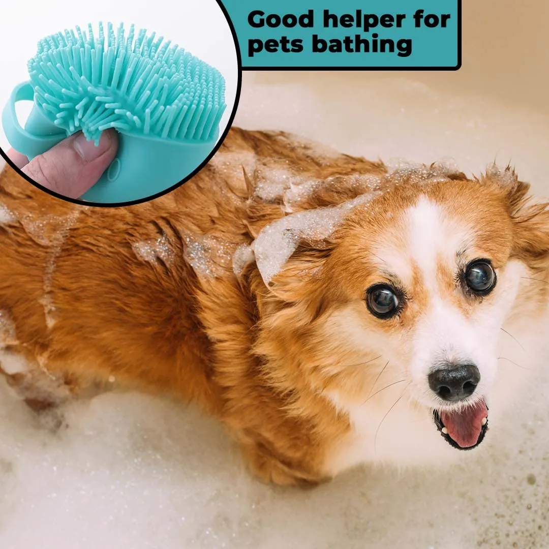 Urbane Home Dog Brush With Shampoo Container|Cat & Dog Bath Brush For Bathing|Exfoliating|Scrubbing|Massaging & Relaxing|Soft Silicone|Suitable For All Pets|PT230B|Blue