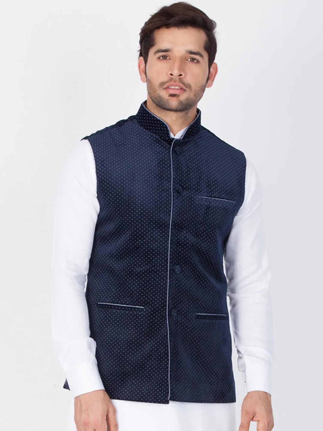 VASTRAMAY Men's Blue Velvet Ethnic Jacket