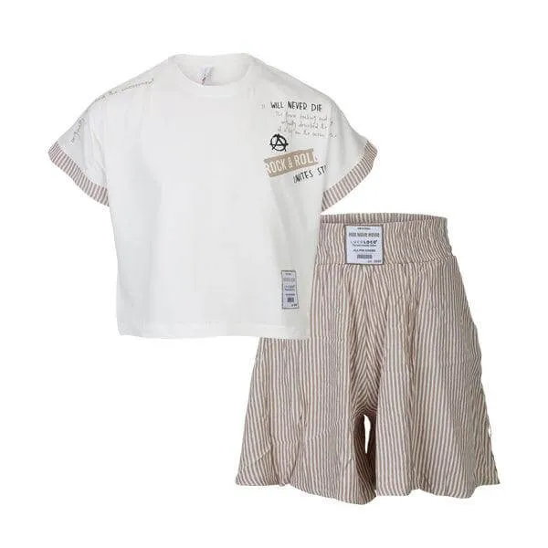 WHITE AND BROWN SHORT SET FOR GIRLS.