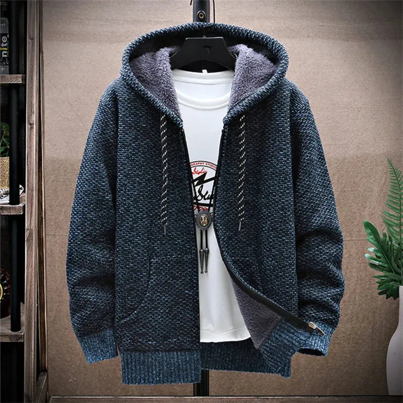 Winter Fleece Sweatercoat Men Thick Warm Hooded Kintted Mens Sweater Cardigan Solid Casual Knitting Jacket Coat Male Clothing