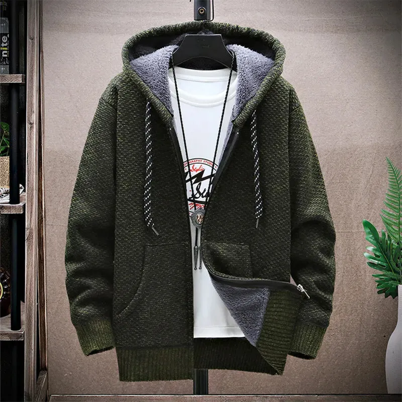 Winter Fleece Sweatercoat Men Thick Warm Hooded Kintted Mens Sweater Cardigan Solid Casual Knitting Jacket Coat Male Clothing