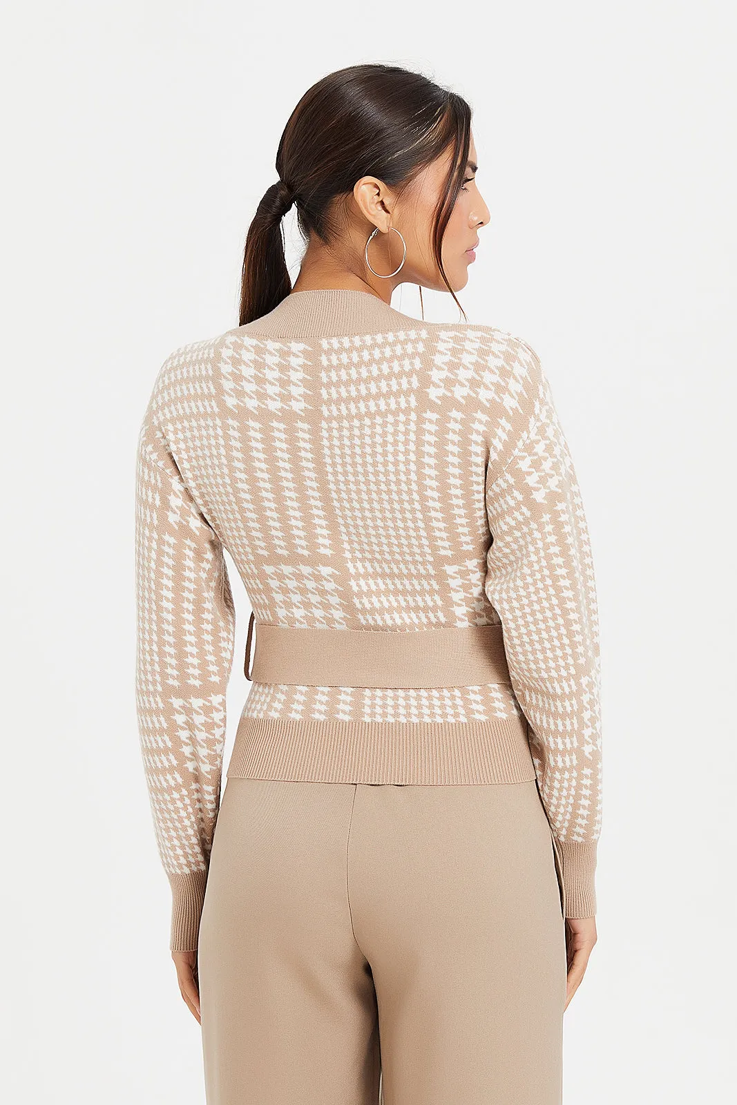 Women Beige Knitted Belted Pullover